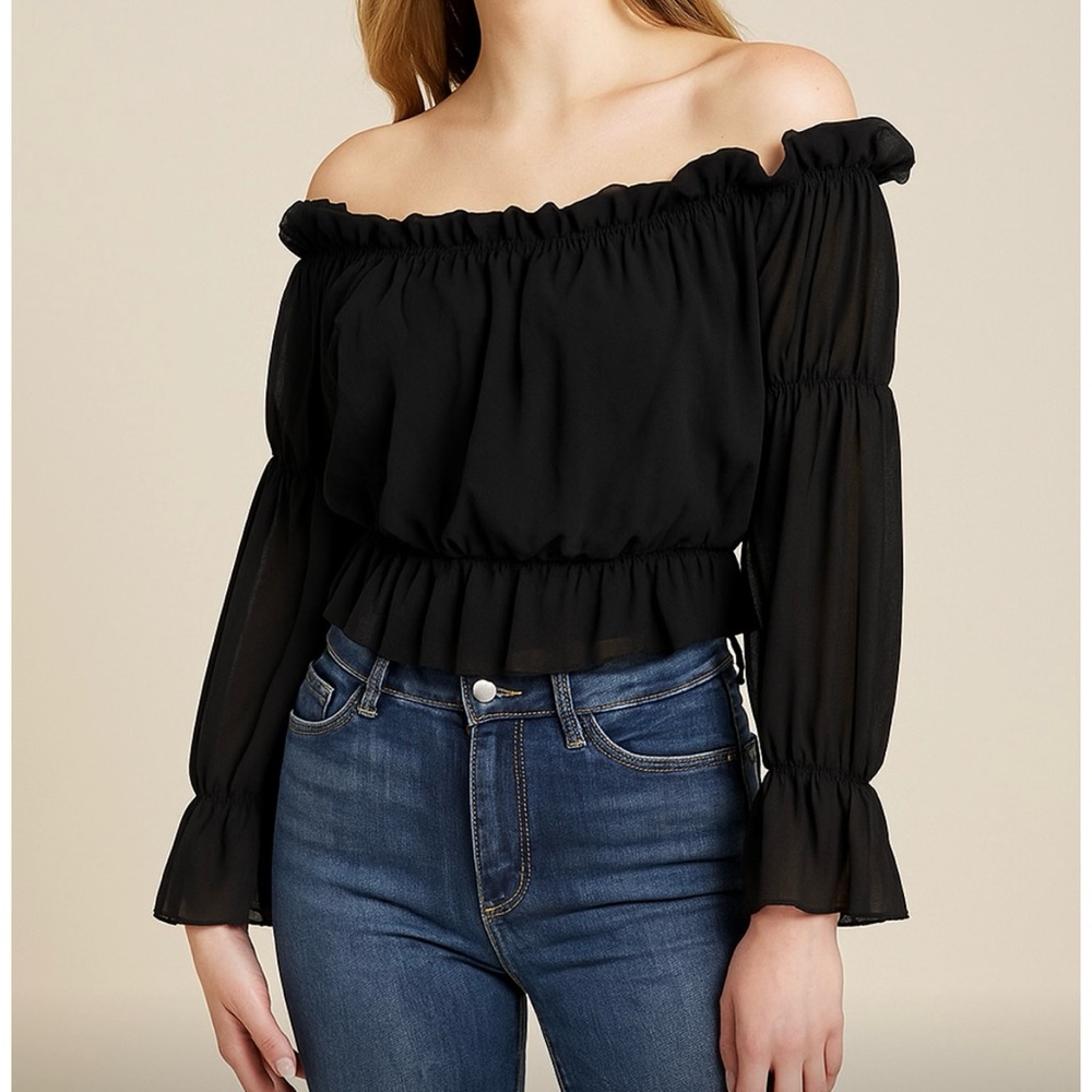 NWT Black Ruffle Woven Off Shoulder Bardot Flared Sleeve Blouse Plus Size 14